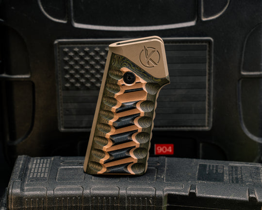 AR style Grip System - Black and Coyote G10 Over Jungle Wear FAT Carbon, Magpul FDE Cerakote, Snake Grip