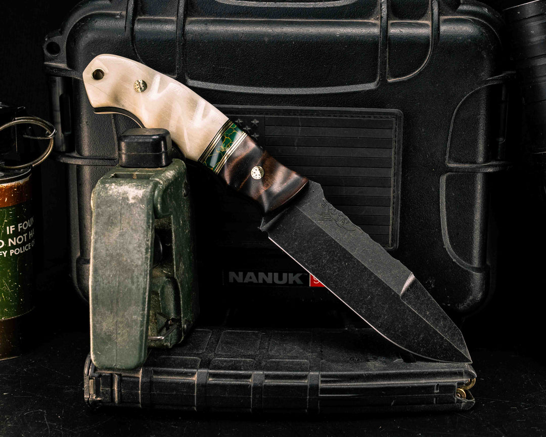 Disaster Breacher Gen 3- Hawaiian Curly Koa, Black G10 and Brass Pin Striping, Arizona Jade Tru-stone Split, Giraffe Bone, Mosaic Pins, Brass Lanyard Pin, Textured Grip