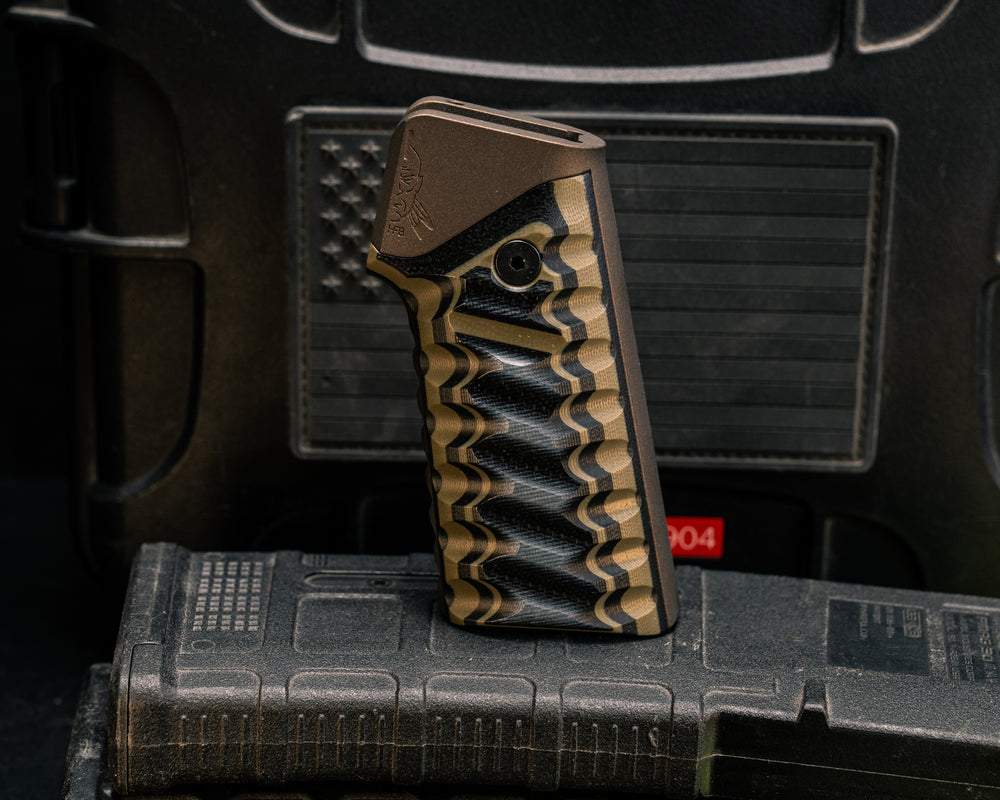 AR style Grip System - OD Green and Black G10, Midnight Bronze Cerakote, Snake Grip