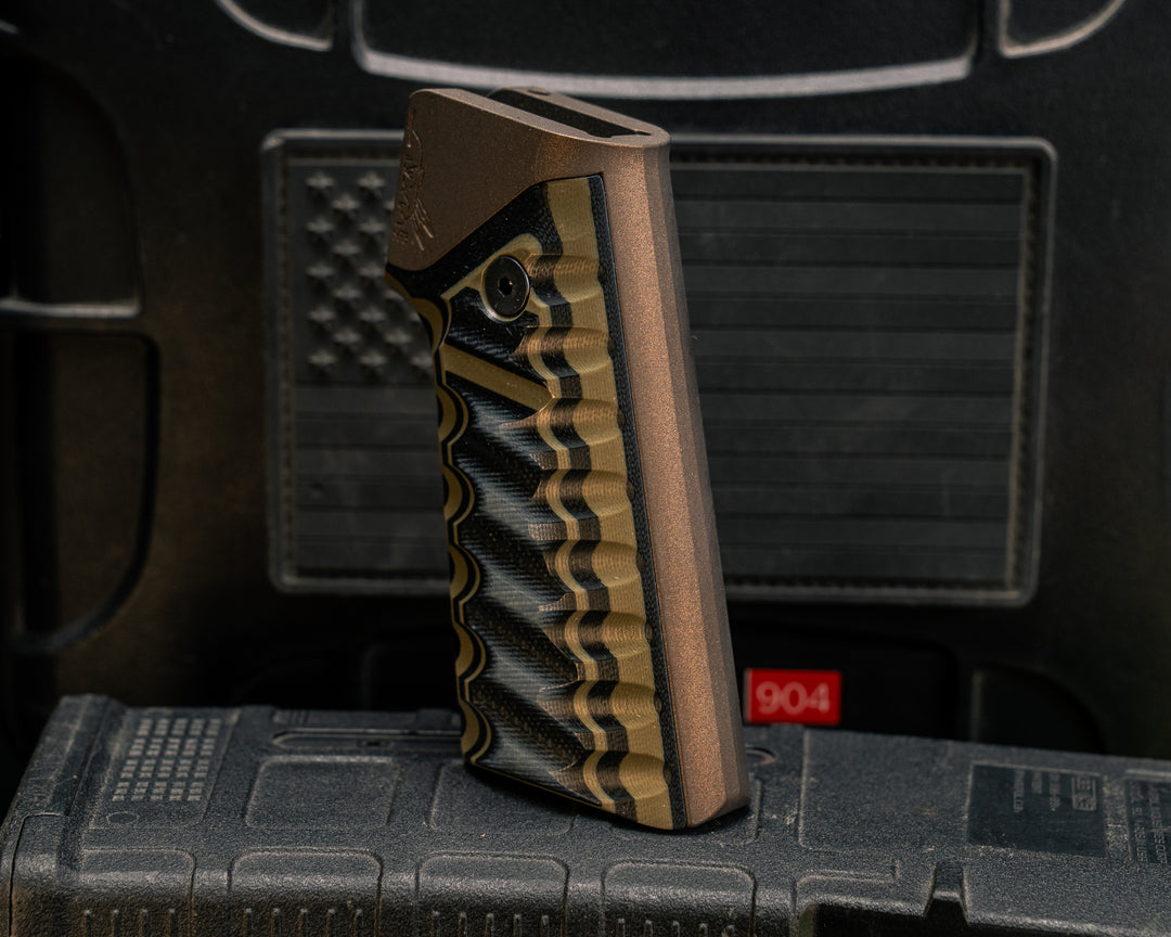 AR style Grip System - OD Green and Black G10, Midnight Bronze Cerakote, Snake Grip