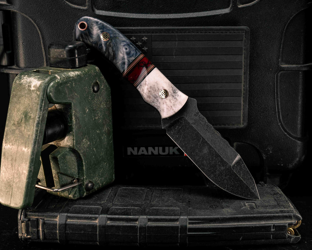 Disaster Cub Gen 3- Elk Antler, Black G10, Coyote G10, Ruby G10 and White G10 Pin Striping, Bloody Basin Tru-stone Split, Dyed Buckeye, Mosaic Pins, Copper Lanyard Pin, Textured Grip
