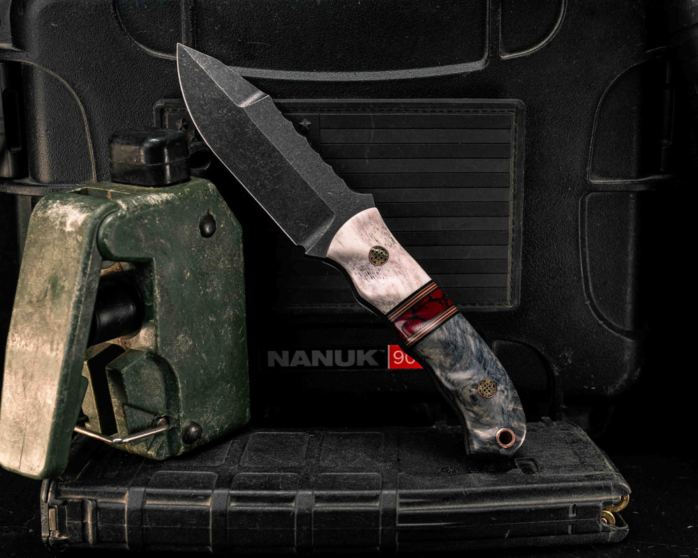 Disaster Cub Gen 3- Elk Antler, Black G10, Coyote G10, Ruby G10 and White G10 Pin Striping, Bloody Basin Tru-stone Split, Dyed Buckeye, Mosaic Pins, Copper Lanyard Pin, Textured Grip