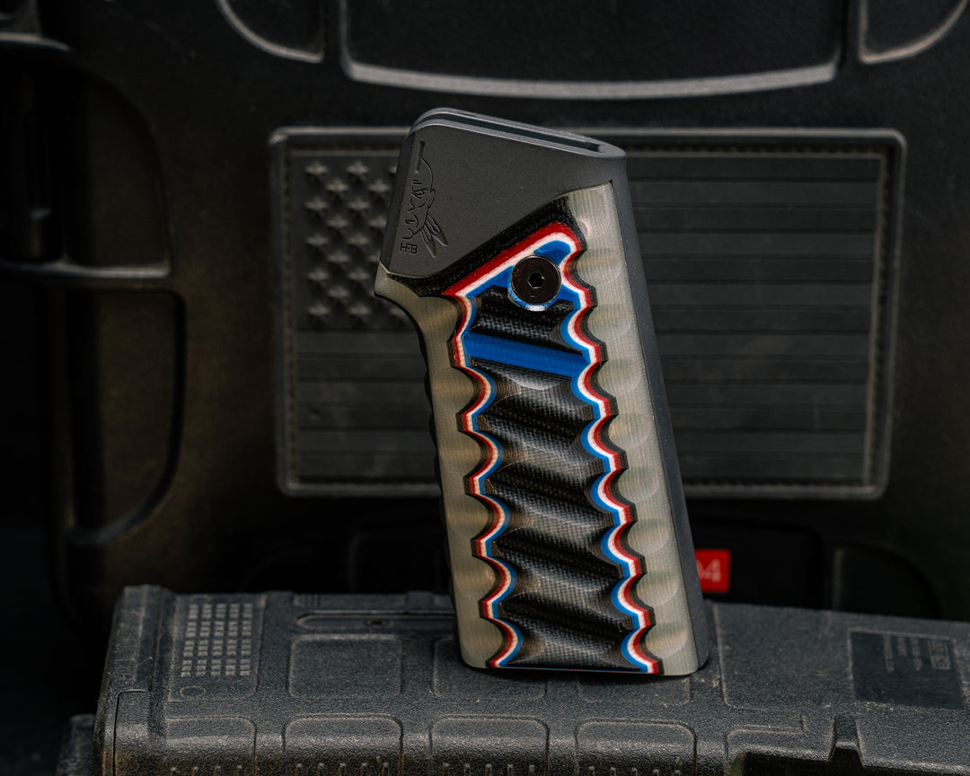 AR style Grip System - Black, Blue, White and Red G10 Over Jade G10, Gunmetal Grey Cerakote, Snake Grip