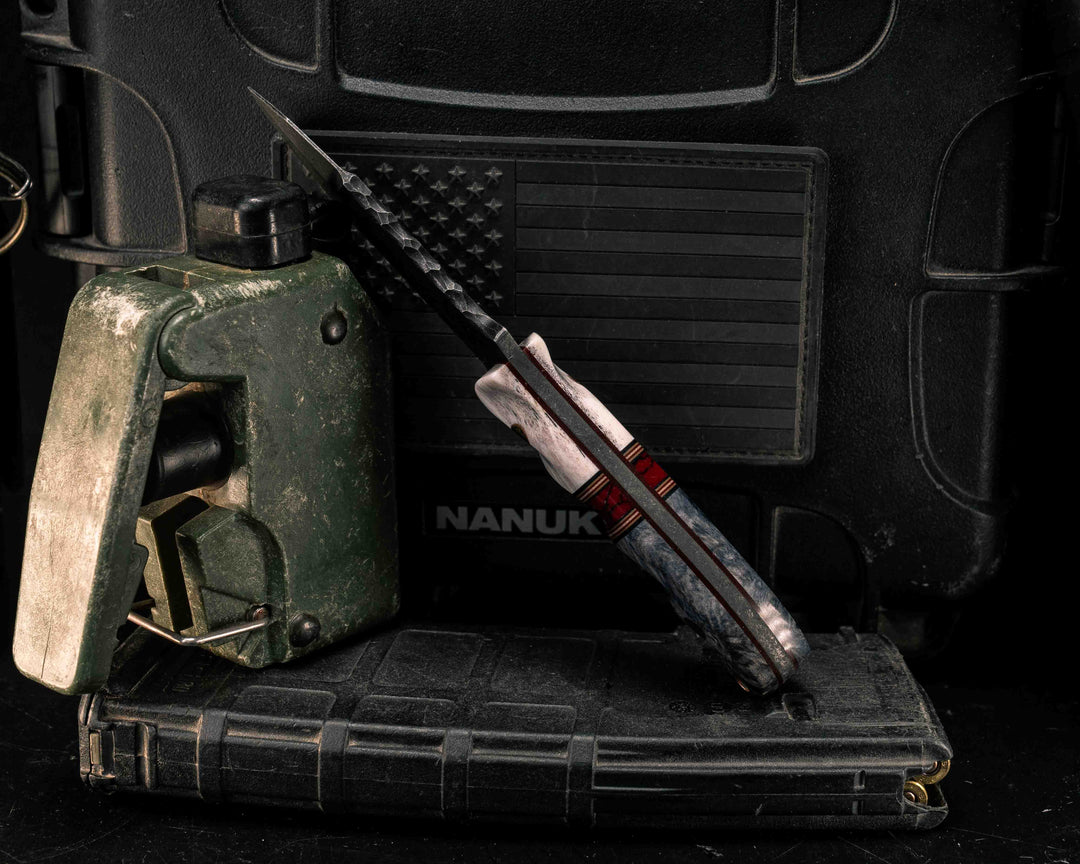 Disaster Cub Gen 3- Elk Antler, Black G10, Coyote G10, Ruby G10 and White G10 Pin Striping, Bloody Basin Tru-stone Split, Dyed Buckeye, Mosaic Pins, Copper Lanyard Pin, Textured Grip