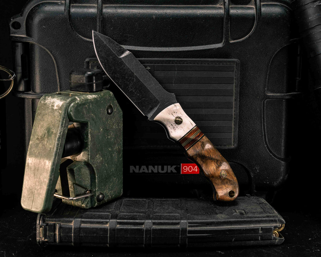 Disaster Cub Gen 3- Elk Antler, Black G10 and Brass Pin Striping, Desert Ironwood Split, Teak, Mosaic Pins, Brass Lanyard Pin, Textured Grip