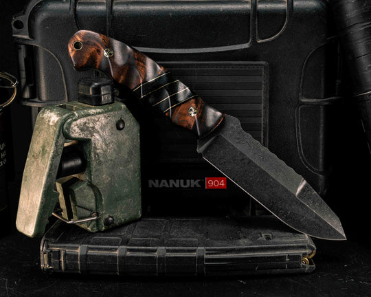 Disaster Breacher Gen 3- Hawaiian Curly Koa, Black G10, Brass and Black Canvas Micarta Split, Mosaic Pins, Brass Lanyard Pin, Textured Grip