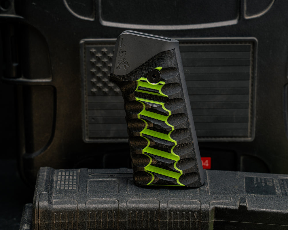 AR style Grip System - OD Green and Black G10 Over Black Burlap Micarta, Gun Metal Gray Cerakote, Snake Grip