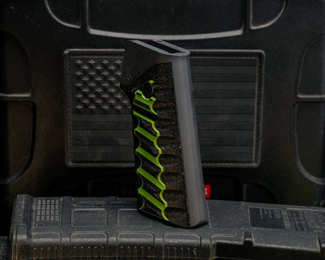 AR style Grip System - OD Green and Black G10 Over Black Burlap Micarta, Gun Metal Gray Cerakote, Snake Grip