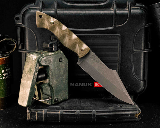 Widow Maker- OD Green Canvas Micarta, Mosaic Pins, Brass Lanyard Pin, Textured Grip