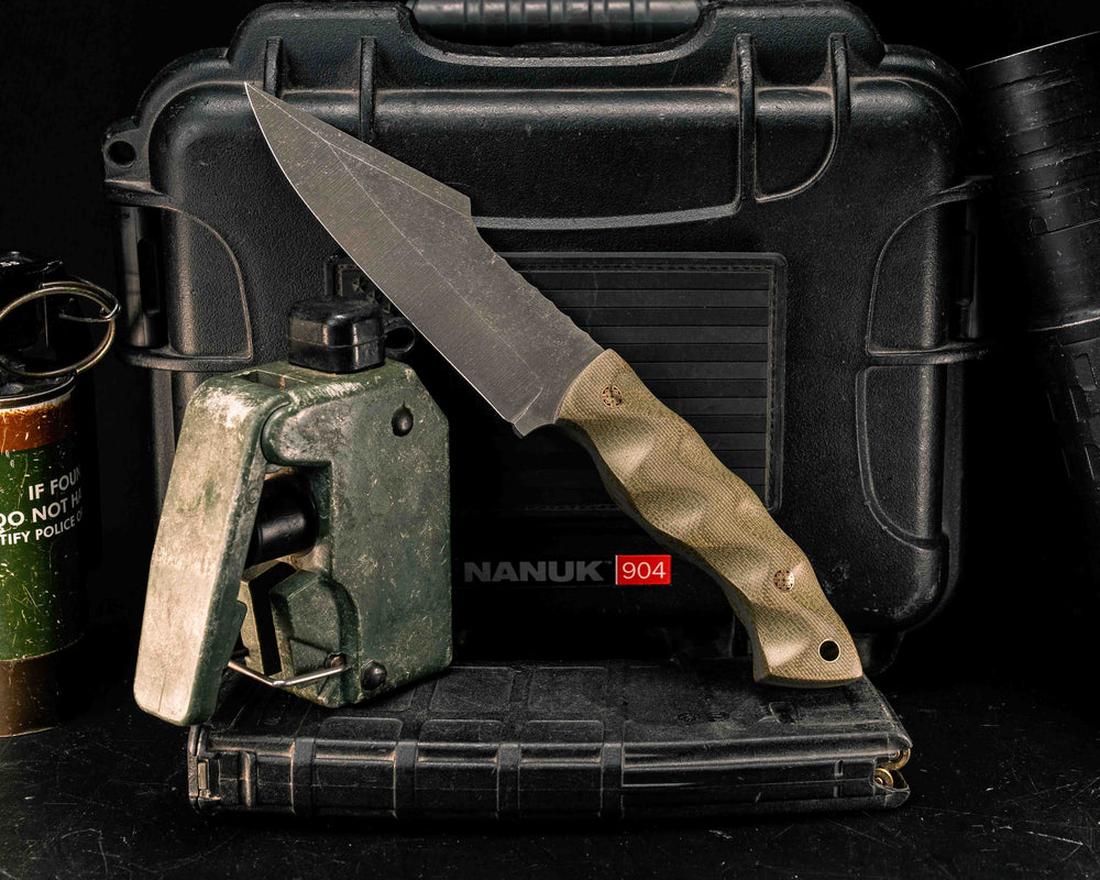 Widow Maker- OD Green Canvas Micarta, Mosaic Pins, Brass Lanyard Pin, Textured Grip