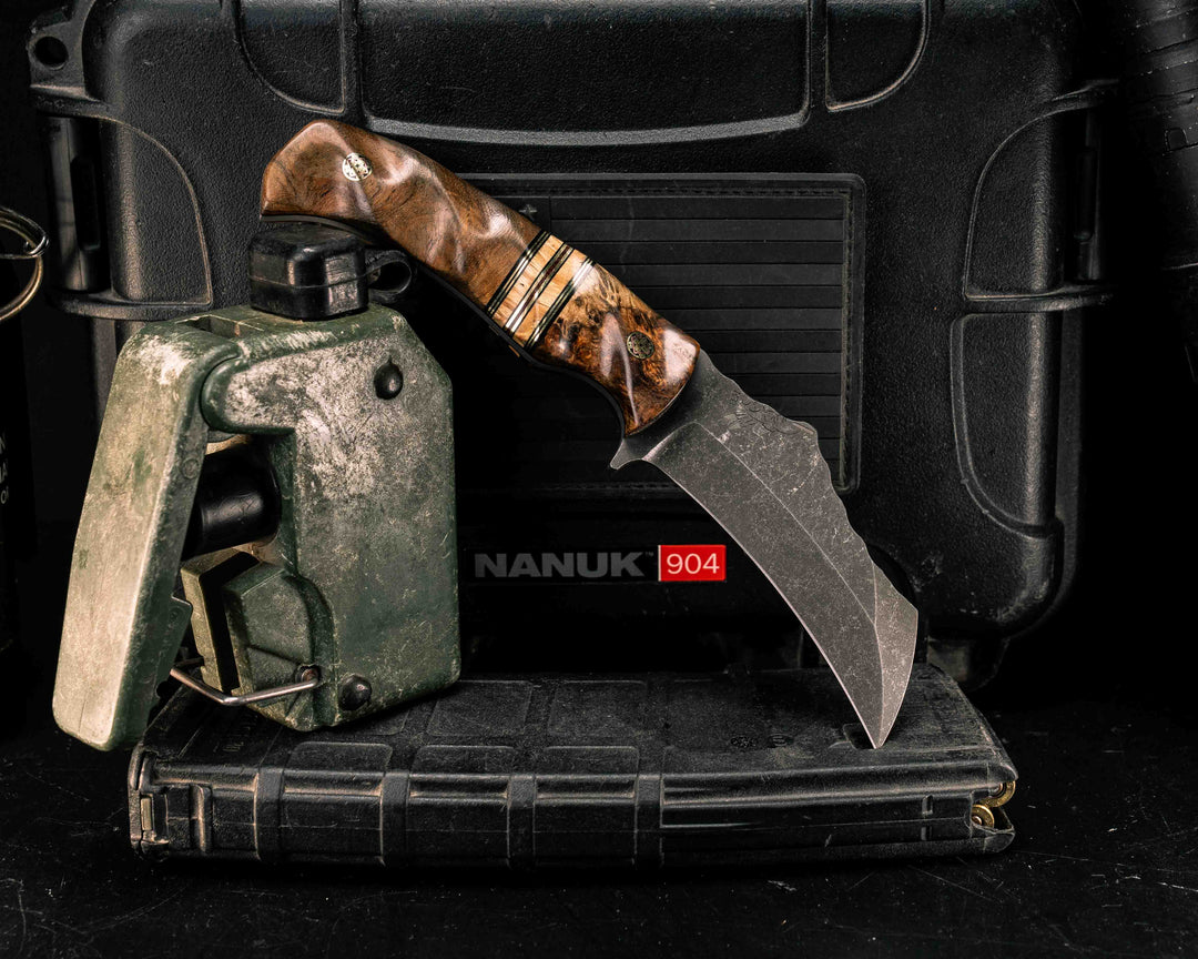Vulture- Lion's Blood Amboyna, Black G10 and Brass Pin Striping, Spalted Maple Split, Teak, Mosaic Pins, Textured Grip