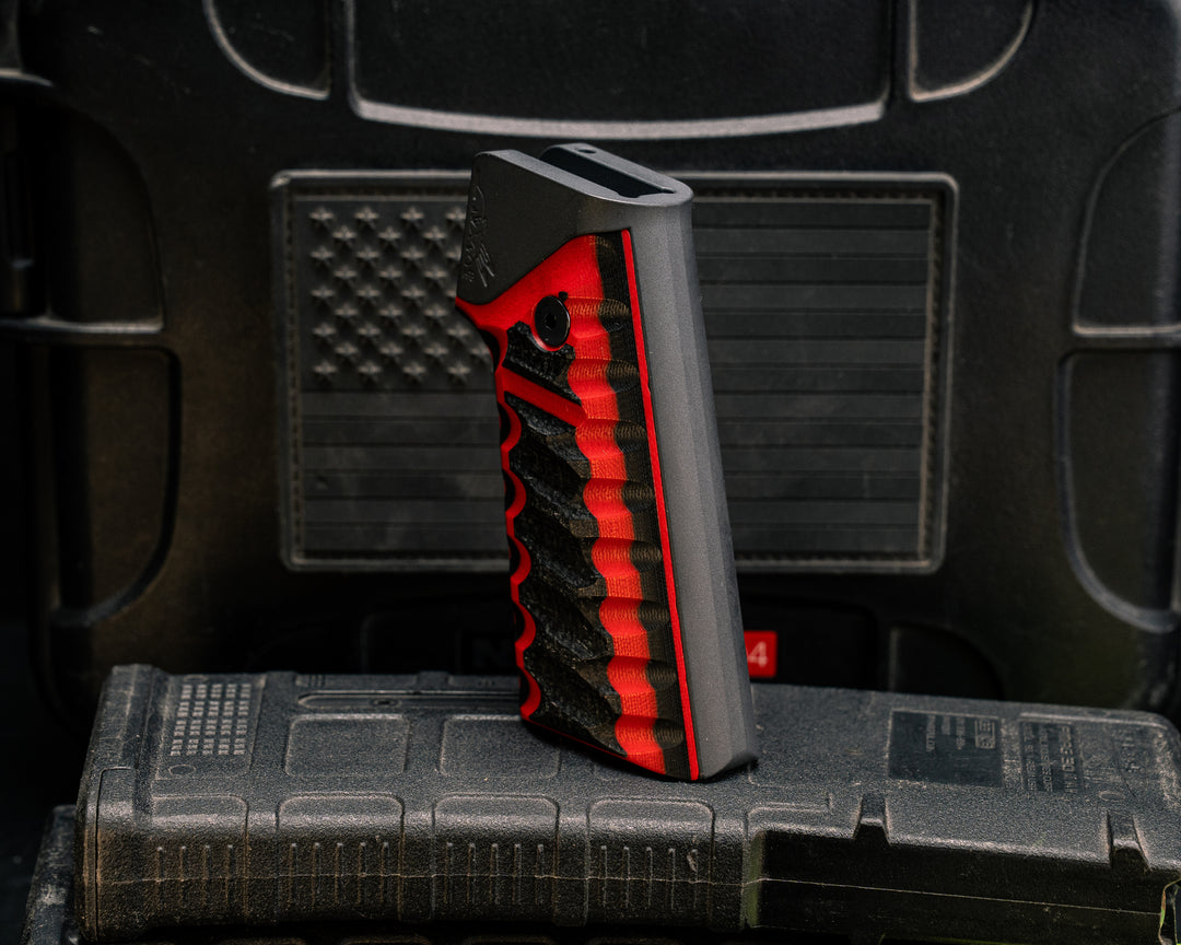 AR style Grip System - Black Canvas Micarta Over Cherry and Black G10, Gun Metal Gray Cerakote, Snake Grip