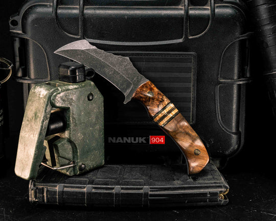 Vulture- Lion's Blood Amboyna, Black G10 and Brass Pin Striping, Spalted Maple Split, Teak, Mosaic Pins, Textured Grip