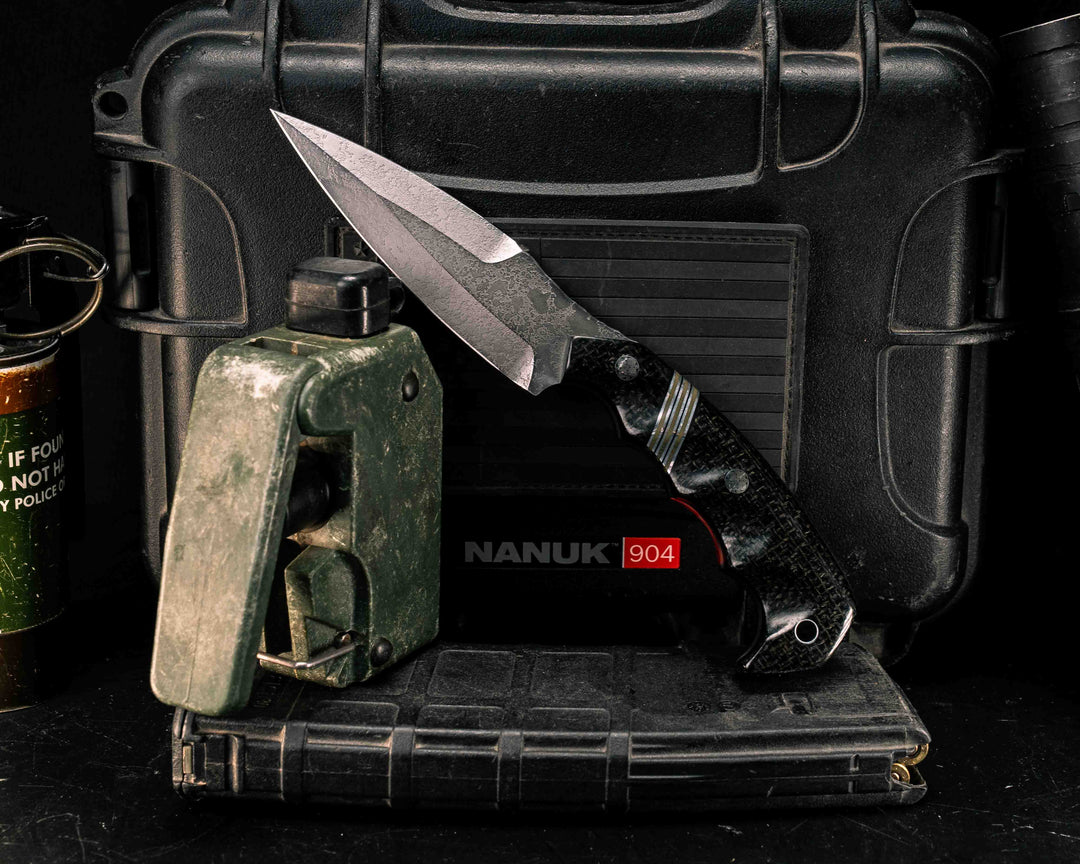4" HUMINT- Black Burlap Micarta, Black G10, Aluminum and OD Green G10 Split, Mosaic Pins, Aluminum Lanyard Pin, Textured Grip