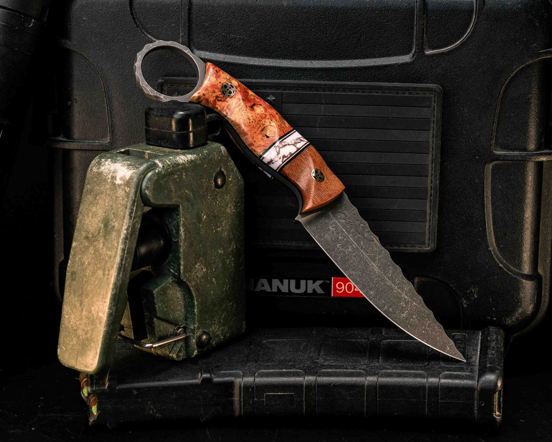 Osoraku 3" Mini- Vintage Westinghouse Butterscotch Micarta, Black G10, White G10 and Copper Pin Striping, White with Copper Matrix Tru-stone Split, Box Elder, Mosaic Pins, Textured Grip