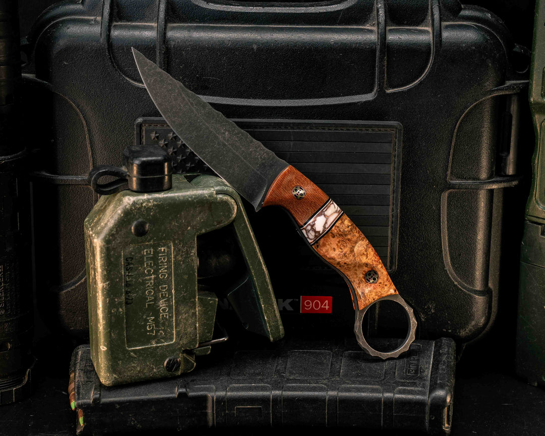 Osoraku 3" Mini- Vintage Westinghouse Butterscotch Micarta, Black G10, White G10 and Copper Pin Striping, White with Copper Matrix Tru-stone Split, Box Elder, Mosaic Pins, Textured Grip