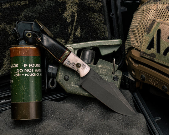 Widow Maker JR- CO Elk Antler, Black G10, Red G10 and Brass Split, African Blackwood, Mosaic Pins, Brass Lanyard Pin, Textured Grip