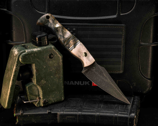 Gulo Gulo- Ełk Antler, Brass, Black G10, OD Green G10 and Aluminum Pin Striping, Buckeye Bur Split, Buckeye Burl, Mosaic Pins, Brass Lanyard Pin, Textured Grip