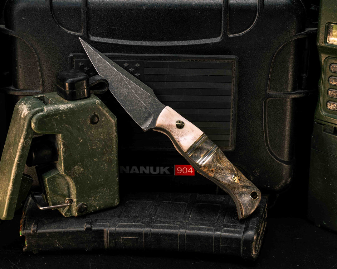 Gulo Gulo- Ełk Antler, Brass, Black G10, OD Green G10 and Aluminum Pin Striping, Buckeye Bur Split, Buckeye Burl, Mosaic Pins, Brass Lanyard Pin, Textured Grip