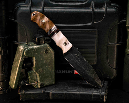 Disaster Jr- Elk Antler, Black G10 and Copper Pin Striping, Desert Ironwood Split, Teak, Mosaic Pins, Copper Lanyard Pin, Textured Grip
