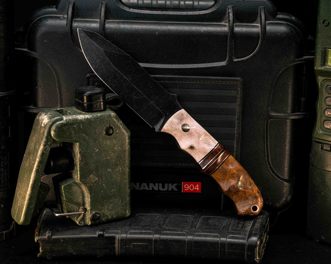 Disaster Jr- Elk Antler, Black G10 and Copper Pin Striping, Desert Ironwood Split, Teak, Mosaic Pins, Copper Lanyard Pin, Textured Grip