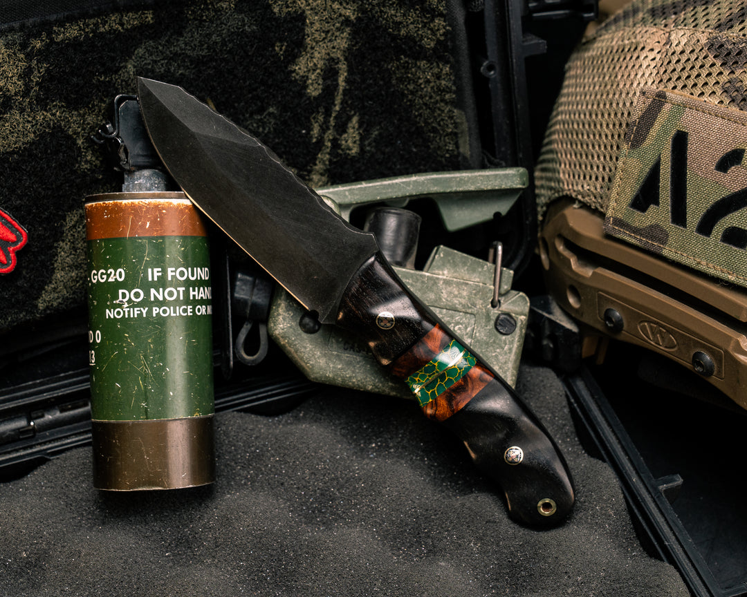 Disaster Jr- African Blackwood, Desert Ironwood, Arizona Jade Tru-stone and Brass Split, Mosaic Pins, Brass Lanyard Pin, Textured Grip