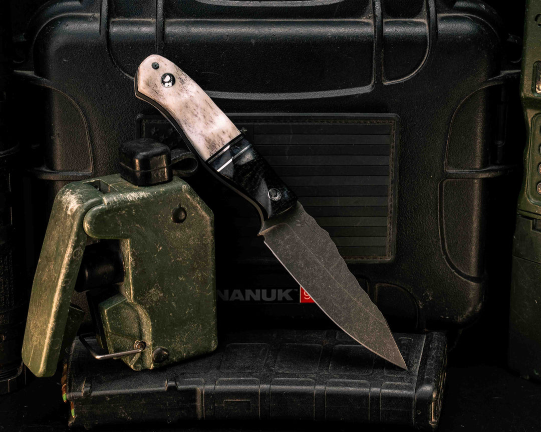 Field Knife Jr- Black Burlap Micarta, Black G10, Aluminum and Dyed Maple Split, Elk antler, Mosaic Pins, Textured Grip