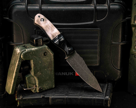 Field Knife Jr- Black Burlap Micarta, Black G10, Aluminum and Dyed Maple Split, Elk antler, Mosaic Pins, Textured Grip