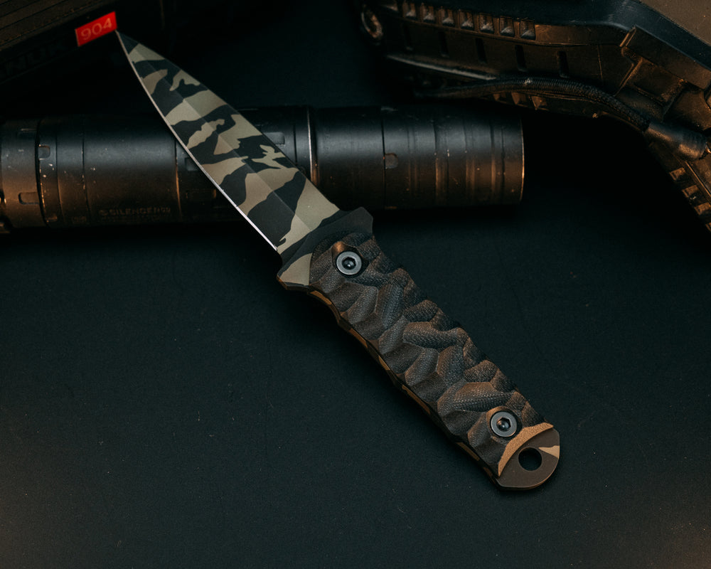 Combat Dagger - Black G10, Tiger Stripe Multicam Cerakote, Allen Bolts, Chaos Grip