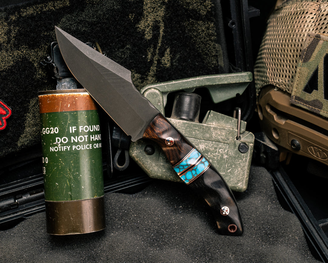 Widow Maker JR- Desert Ironwood, Black G10 and Copper Pin Striping, Turquoise with Copper Web Tru-stone Split, African Blackwood, Mosaic Pins, Copper Lanyard Pin, Textured Grip