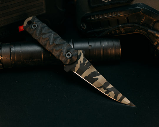 Combat Filet - Black G10, Tiger Stripe Multicam Cerakote, Allen Bolts, Chaos Grip