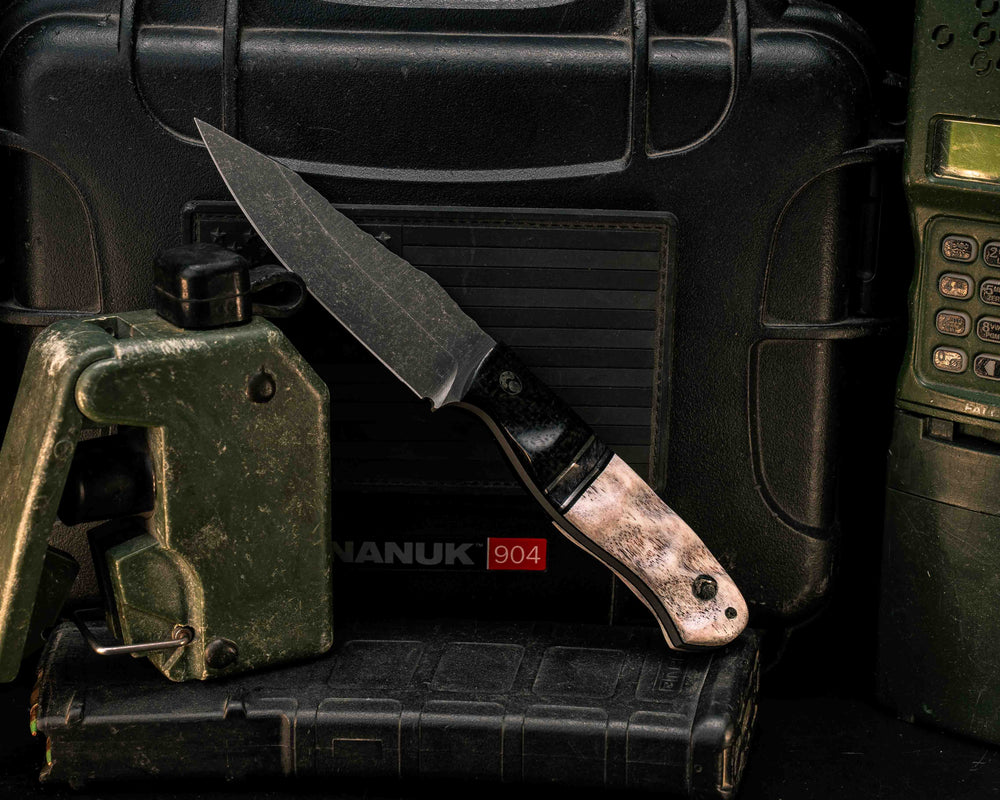 Field Knife Jr- Black Burlap Micarta, Black G10, Aluminum and Dyed Maple Split, Elk antler, Mosaic Pins, Textured Grip