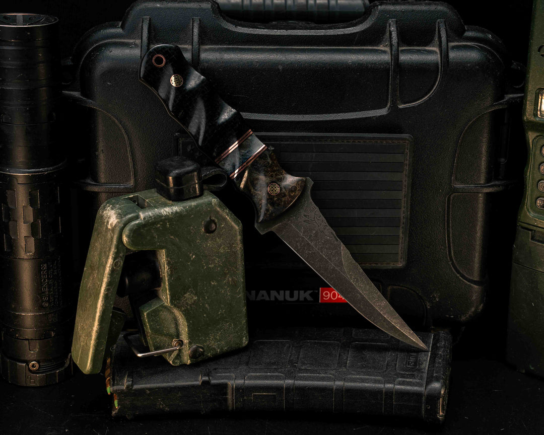 Combat Filet- Dyed Amboyna, Black G10 and Copper Pin Striping, Dyed Amboyna Split, Black Burlap Micarta, Mosaic Pins, Copper Lanyard Pin, Textured Grip