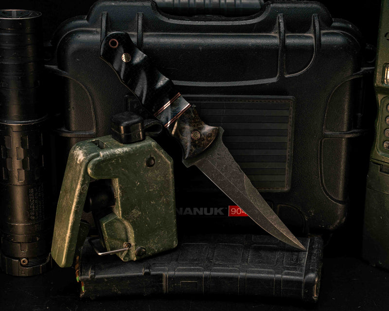 Combat Filet- Dyed Amboyna, Black G10 and Copper Pin Striping, Dyed Amboyna Split, Black Burlap Micarta, Mosaic Pins, Copper Lanyard Pin, Textured Grip