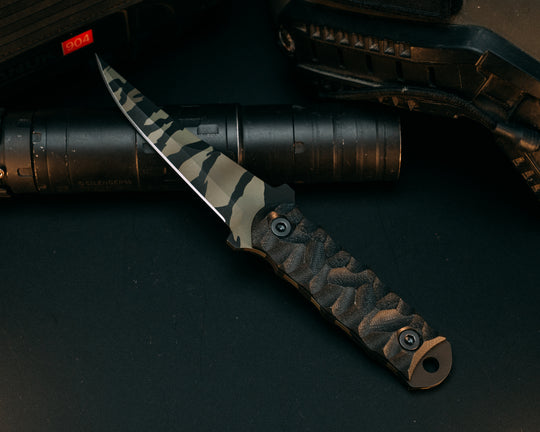 Combat Filet - Black G10, Tiger Stripe Multicam Cerakote, Allen Bolts, Chaos Grip