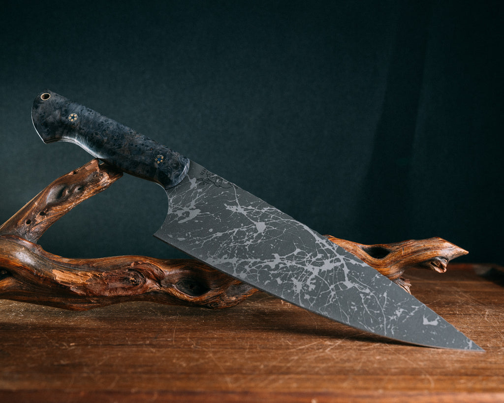 Chef Blade- Dyed Black Ash Burl, Mosaic Pins, Brass Lanyard Pin, Smooth Grip