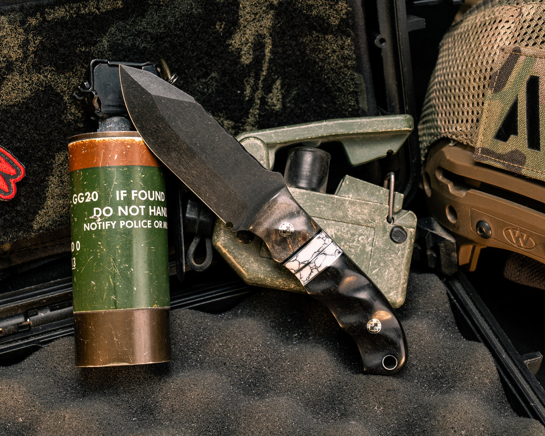 Disaster Cub- Dyed Maple, Black G10 and Aluminum Pin Striping, White with Black Web Tru-stone Split, African Blackwood, Mosaic Pins, Aluminum Lanyard Pin, Textured Grip