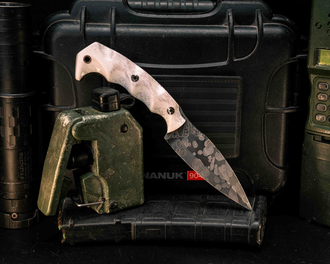 4" HUMINT- Elk Antler, Mosaic Pins, Copper Lanyard Pin, Textured Grip