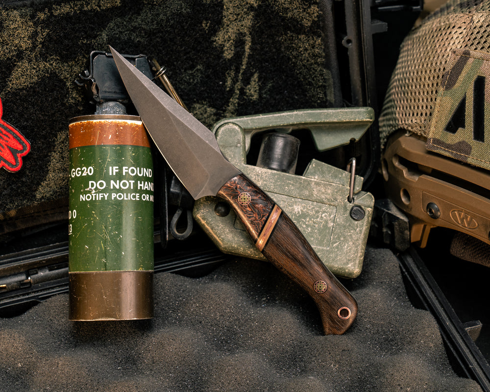 Gulo Gulo- Copper Dark Matter Carbon, Black G10, Coyote G10 and Copper Pin Striping, African Blackwood, Mosaic Pins, Copper Lanyard Pin, Textured Grip