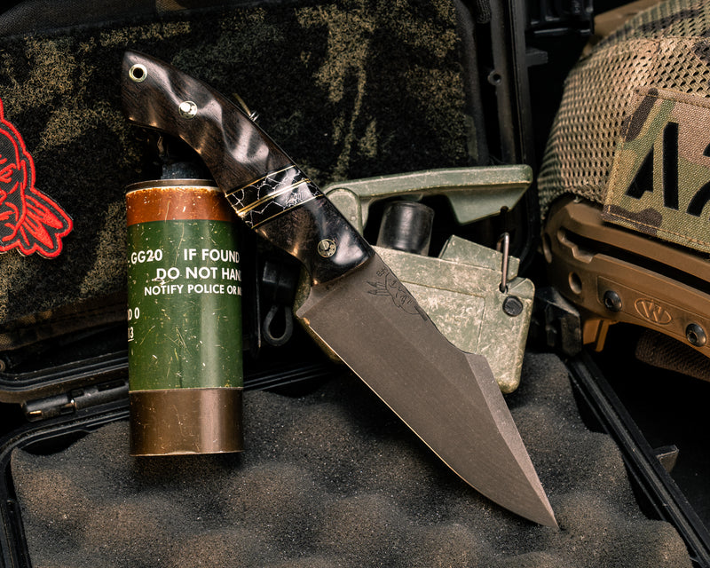 Widow Maker- Dyed Maple, Black G10 and Brass Pin Striping, Black with White Web Tru-stone Split, African Blackwood, Mosaic Pins, Brass Lanyard Pin, Textured Grip