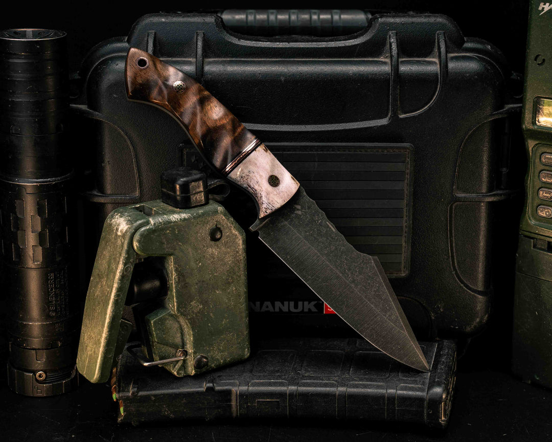 Widow Maker- Elk antler, Black G10 and Copper Split, Hawaiian Curly Koa, Mosaic Pins, Copper Lanyard Pin, Textured Grip