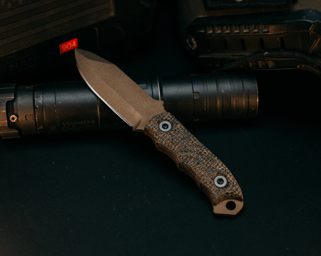 Disaster Cub - Black Burlap Micarta, Midnight Bronze Cerakote, Allen Bolts, Iron Grip