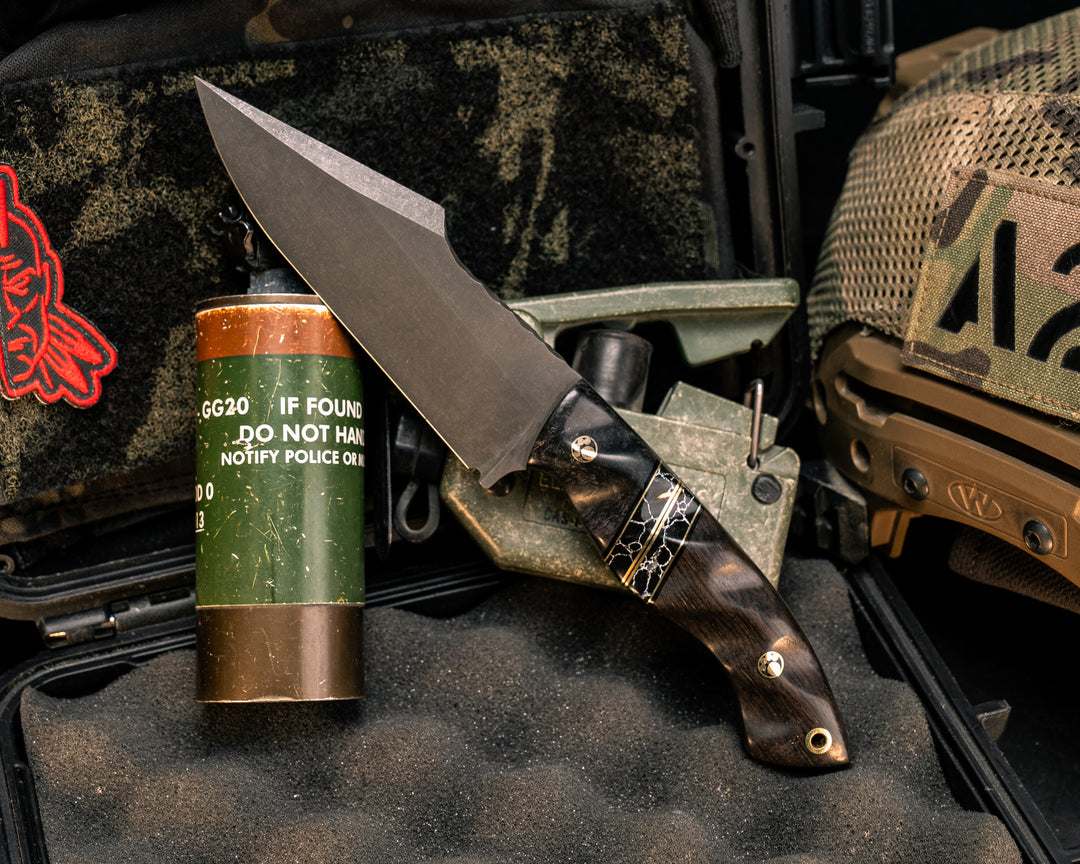 Widow Maker- Dyed Maple, Black G10 and Brass Pin Striping, Black with White Web Tru-stone Split, African Blackwood, Mosaic Pins, Brass Lanyard Pin, Textured Grip