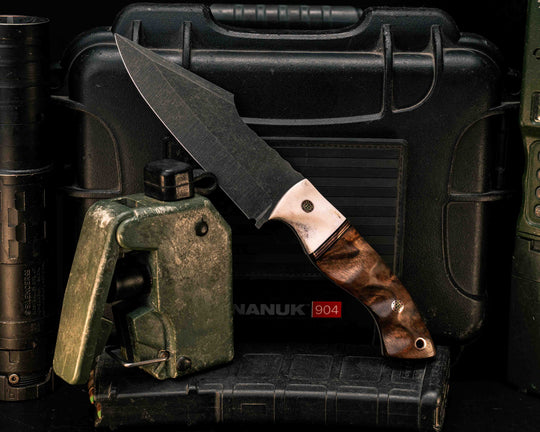 Widow Maker- Elk antler, Black G10 and Copper Split, Hawaiian Curly Koa, Mosaic Pins, Copper Lanyard Pin, Textured Grip