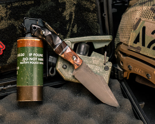 Widow Maker JR- Redwood, Black G10 and Aluminum Pin Striping, Asian Rosewood Split, African Blackwood, Mosaic Pins, Aluminum Lanyard Pin, Textured Grip