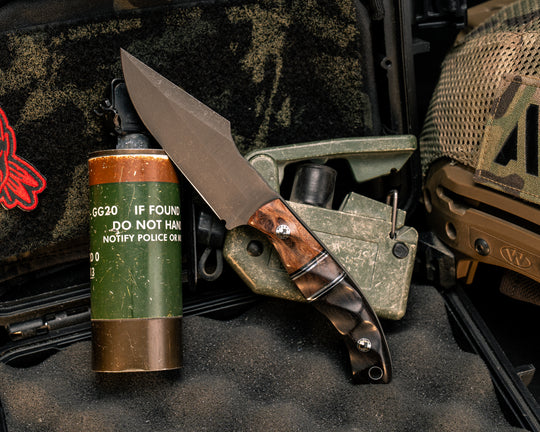 Widow Maker JR- Redwood, Black G10 and Aluminum Pin Striping, Asian Rosewood Split, African Blackwood, Mosaic Pins, Aluminum Lanyard Pin, Textured Grip