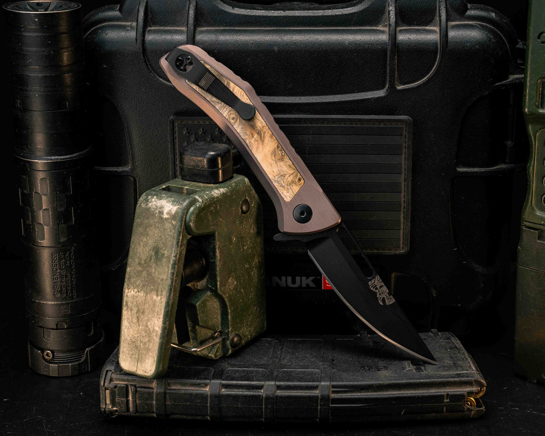 Custom Kwaiken Folder -  Buckeye Burl, Anodized Grey Handle, Grey Nitride Blade, Smooth Grip, Deep Carry Pocket Clip