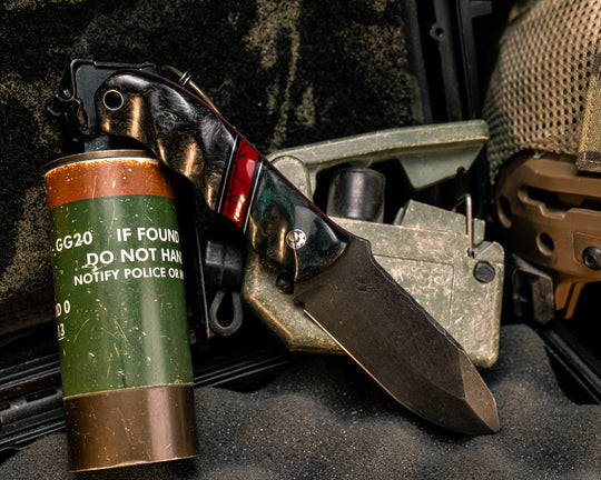 Disaster Cub- Dyed Redwood, Black G10 and Aluminum Pin Striping, Bloody Basin Tru-stone Split, Black Dark Matter Carbon, Mosaic Pins, Aluminum Lanyard Pin, Textured Grip