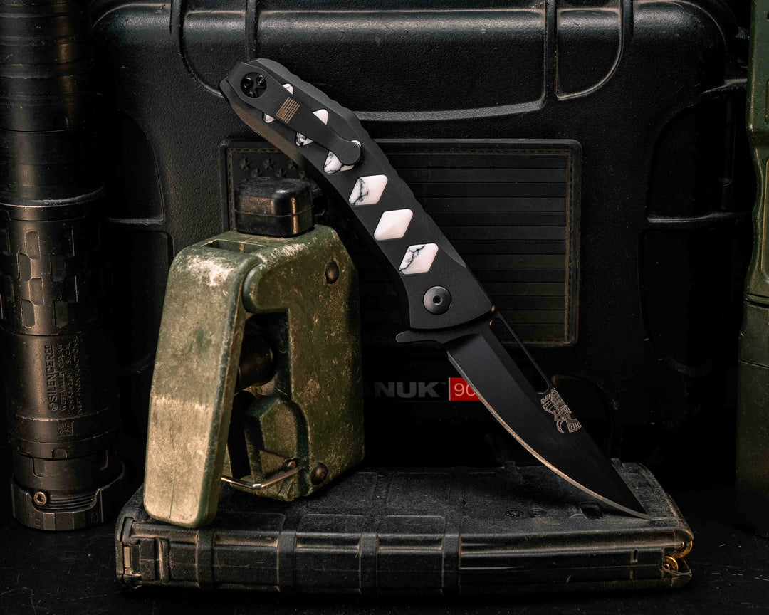 Custom Kwaiken Folder - White with Black Web Tru-stone Inlay, Anodized Black Handle, Black Nitride Blade, Textured Grip, Deep Carry Pocket Clip