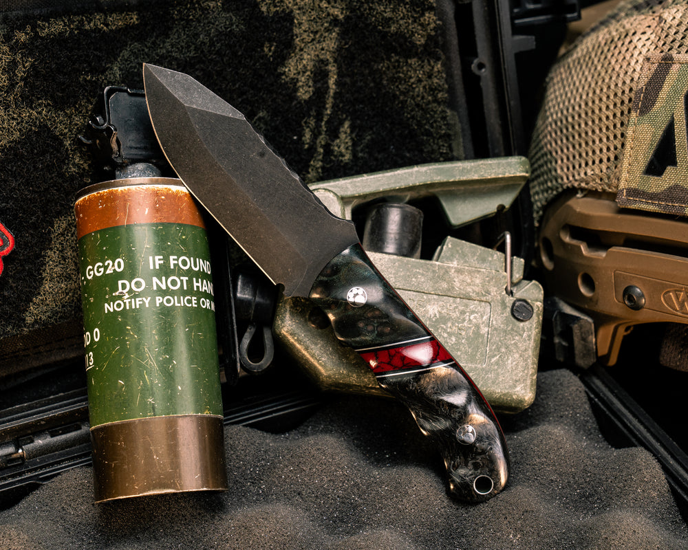 Disaster Cub- Dyed Redwood, Black G10 and Aluminum Pin Striping, Bloody Basin Tru-stone Split, Black Dark Matter Carbon, Mosaic Pins, Aluminum Lanyard Pin, Textured Grip